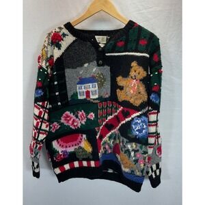 VTG The Eagles Eye Sweater‎ M Hand Knit Bear Watermelon Granny core teacher 3D